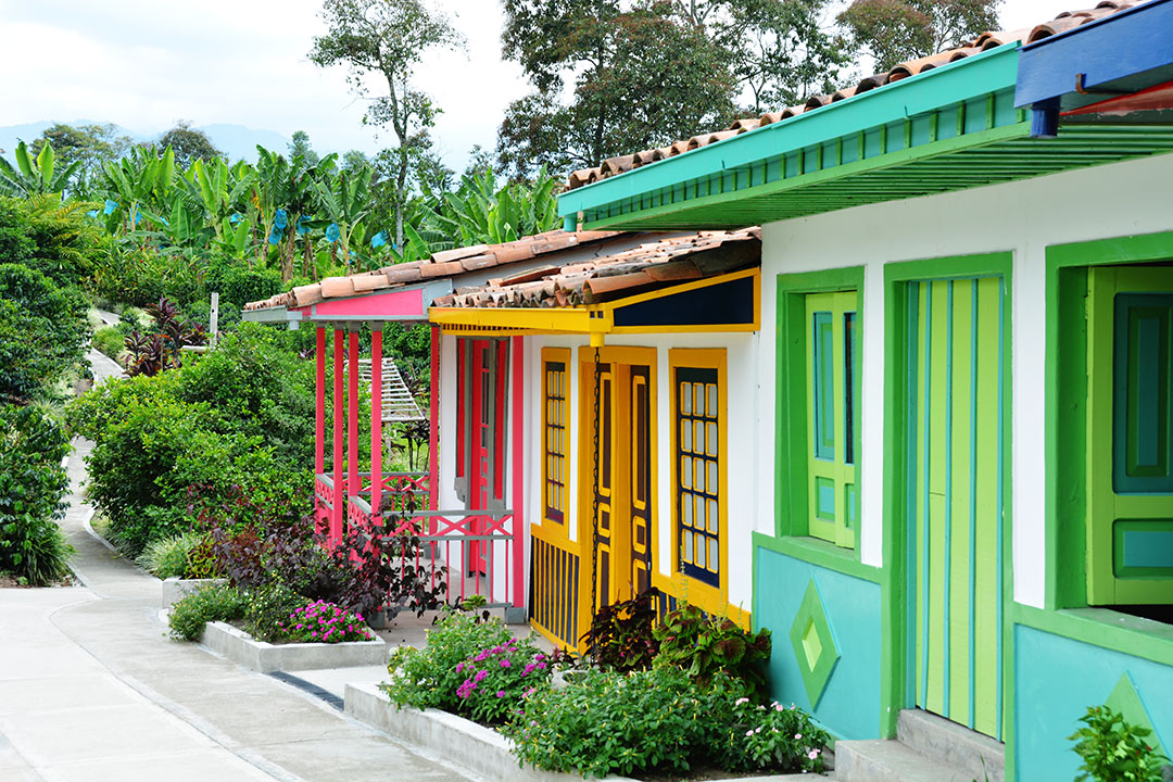 Kolorowe kolonialne domy z uprawą kawy w tle